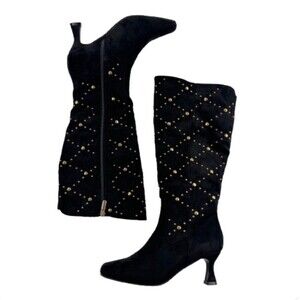 Cato Comfort Women’s 6.5 Black Faux Suede Studded Knee High Boots Gold Zip Heel